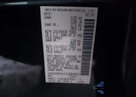 2020 Nissan Murano Sv Intelligent Awd z USA, uszkodzony, nr VIN 5N1AZ2BS4LN140401